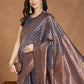 Janasya Dark Grey Silk Blend Floral Jacquard Saree | Swadesiicart