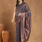Janasya Dark Grey Silk Blend Floral Jacquard Saree | Swadesiicart