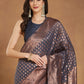 Janasya Dark Grey Silk Blend Floral Jacquard Saree | Swadesiicart