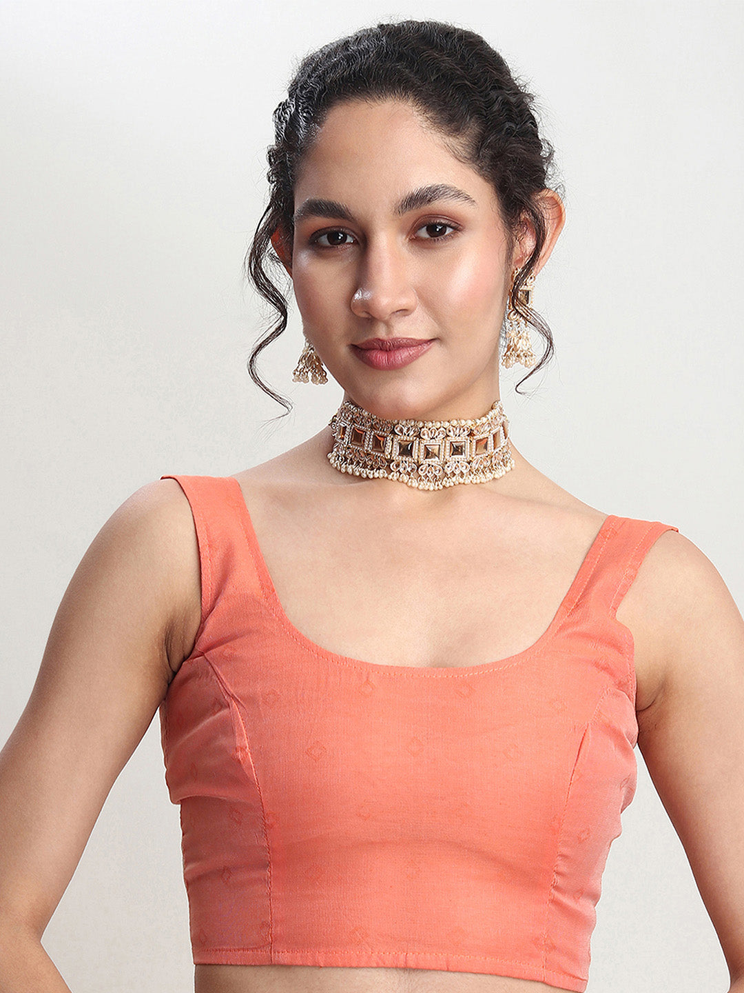 Janasya Peach Silk Blend Geometric Jacquard Saree | Swadesiicart