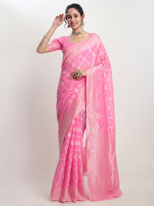 Janasya Pink Silk Blend Geometric Jacquard Saree | Swadesiicart