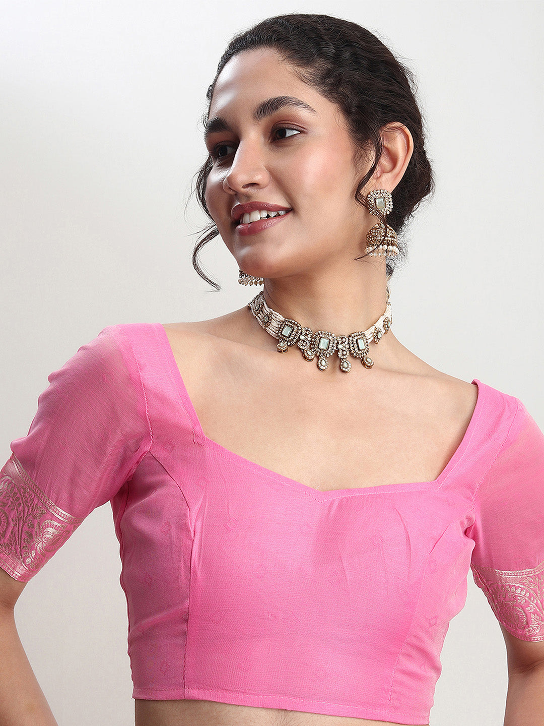 Janasya Pink Silk Blend Geometric Jacquard Saree | Swadesiicart