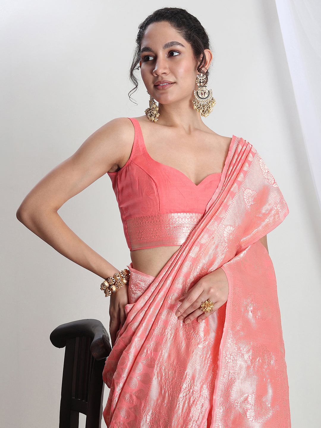 Janasya Peach Silk Blend Leaf Motifs Jacquard Saree | Swadesiicart