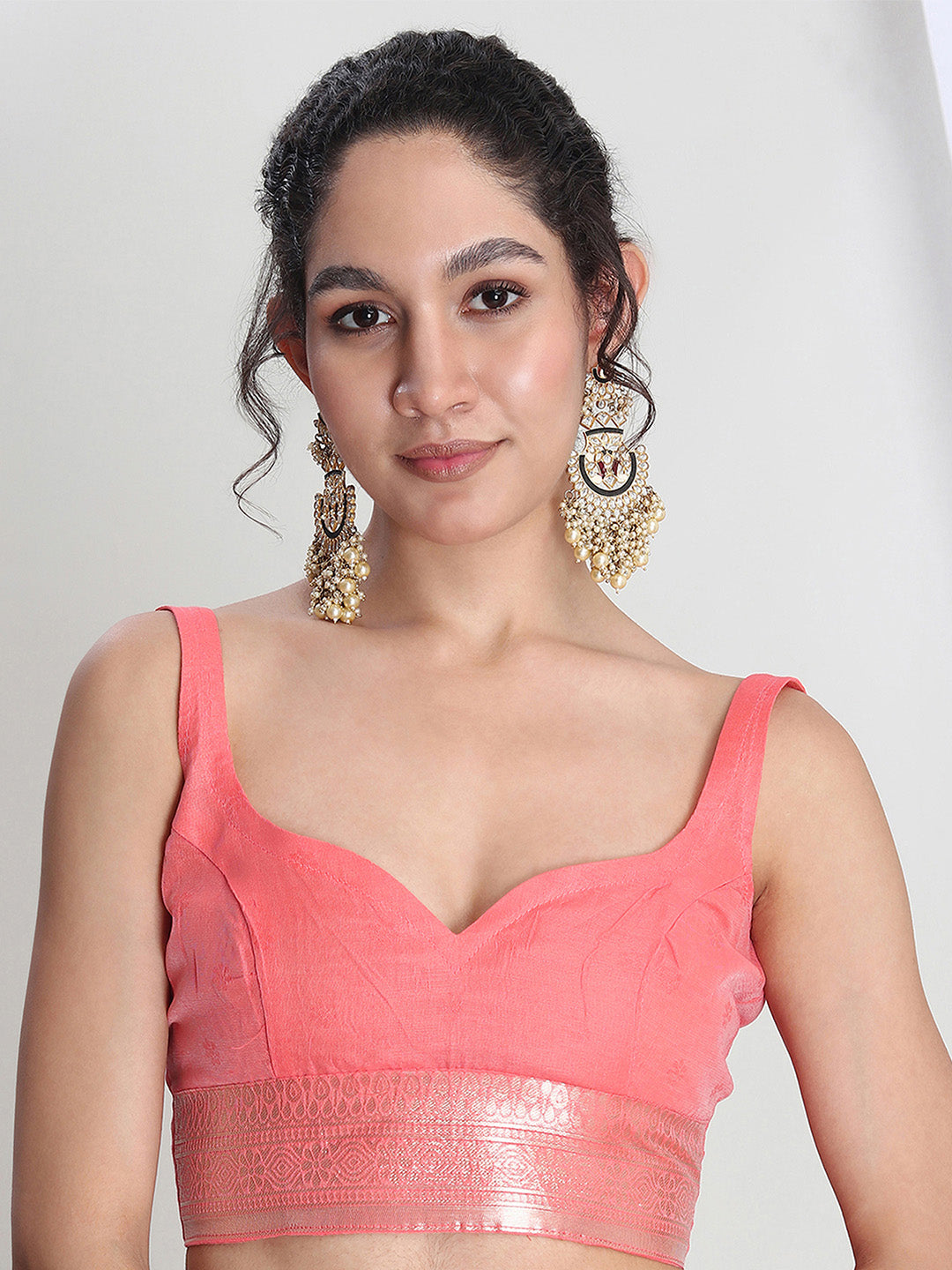 Janasya Peach Silk Blend Leaf Motifs Jacquard Saree | Swadesiicart