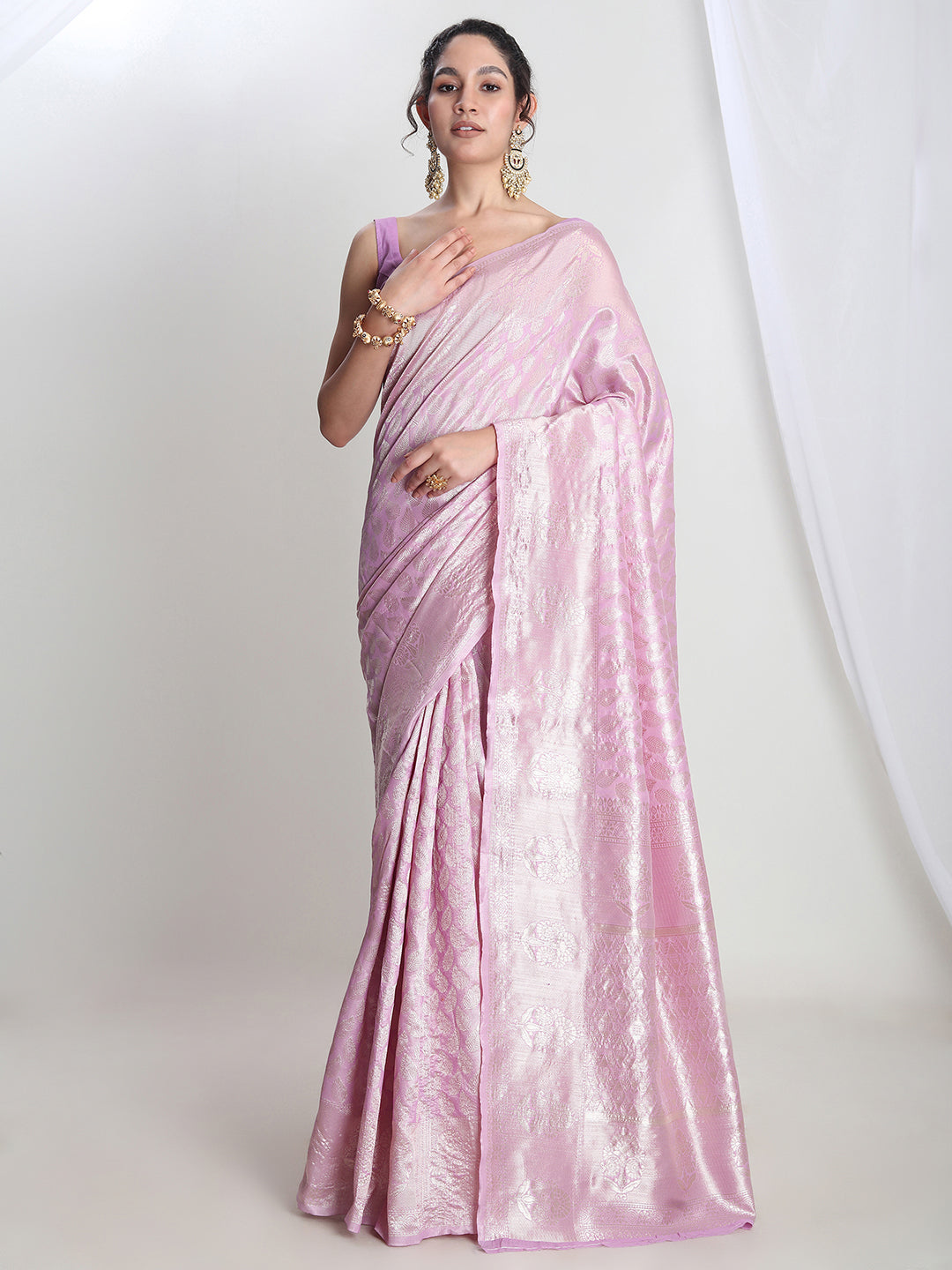 Janasya Lavender Silk Blend Leaf Motifs Jacquard Saree | Swadesiicart