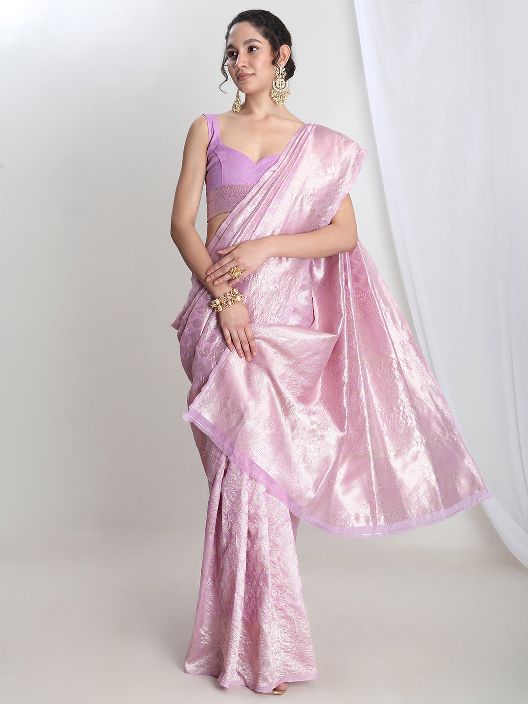 Janasya Lavender Silk Blend Leaf Motifs Jacquard Saree | Swadesiicart