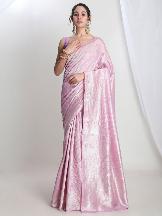 Janasya Lavender Silk Blend Leaf Motifs Jacquard Saree | Swadesiicart