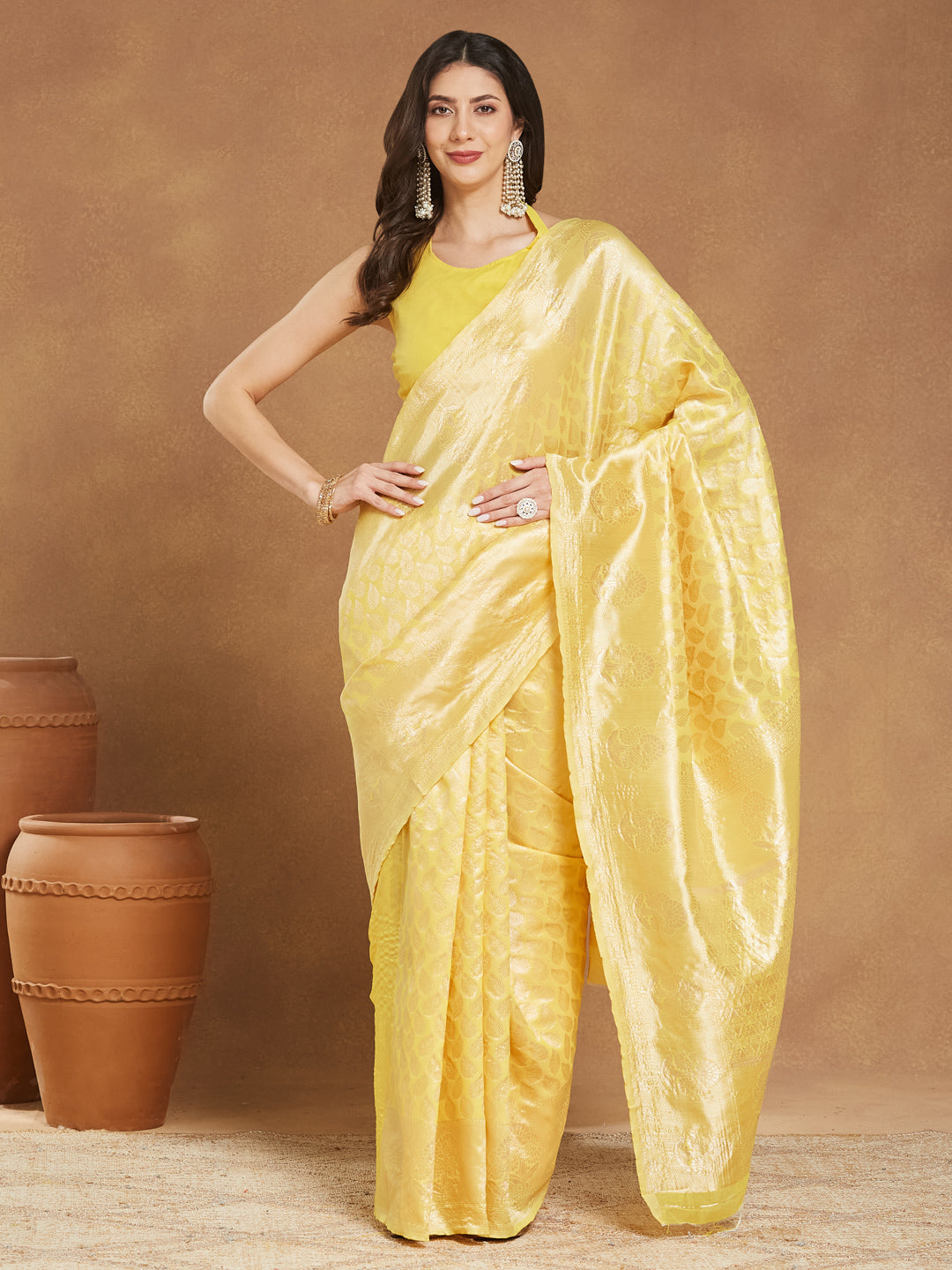 Janasya Yellow Silk Blend Leaf Motifs Jacquard Saree | Swadesiicart