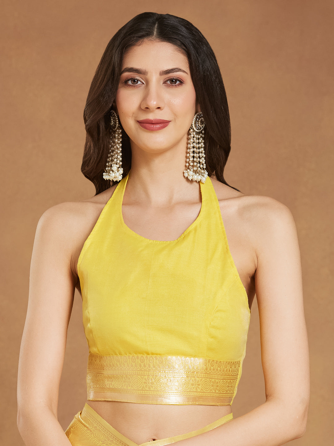 Janasya Yellow Silk Blend Leaf Motifs Jacquard Saree | Swadesiicart