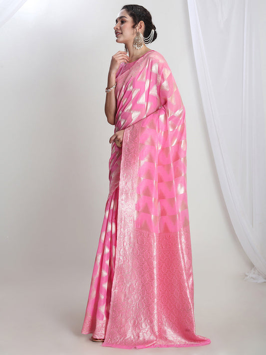Janasya Pink Silk Blend Geometric Jacquard Saree | Swadesiicart