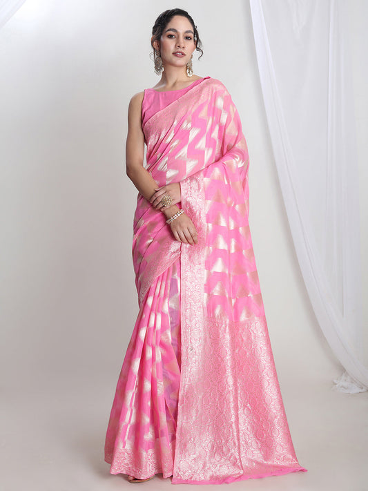 Janasya Pink Silk Blend Geometric Jacquard Saree | Swadesiicart