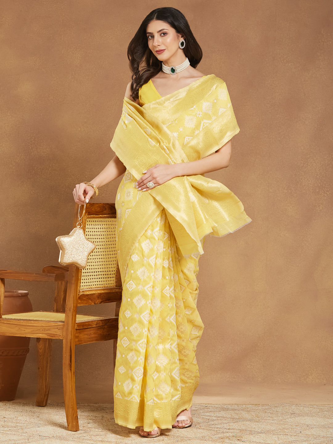 Janasya Yellow Silk Blend Geometric Jacquard Saree | Swadesiicart