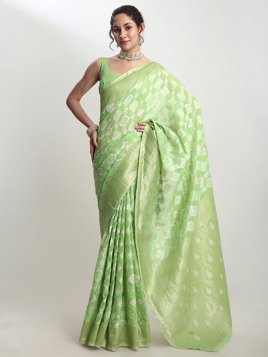 Janasya Green Silk Blend Geometric Jacquard Saree | Swadesiicart