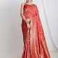 Janasya Red Silk Blend Floral Jacquard Saree | Swadesiicart