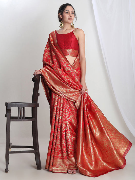Janasya Red Silk Blend Floral Jacquard Saree | Swadesiicart