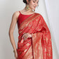 Janasya Red Silk Blend Floral Jacquard Saree | Swadesiicart