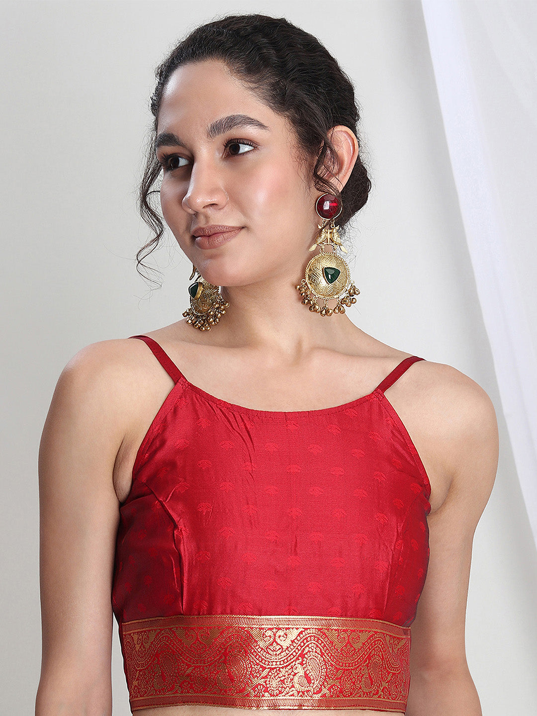 Janasya Red Silk Blend Floral Jacquard Saree | Swadesiicart