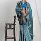Janasya Teal Blue Silk Blend Floral Jacquard Saree | Swadesiicart