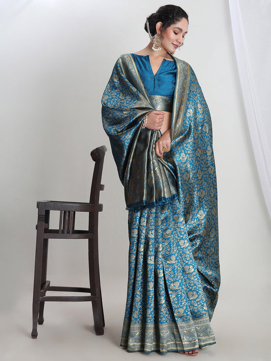 Janasya Teal Blue Silk Blend Floral Jacquard Saree | Swadesiicart