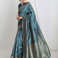 Janasya Teal Blue Silk Blend Floral Jacquard Saree | Swadesiicart