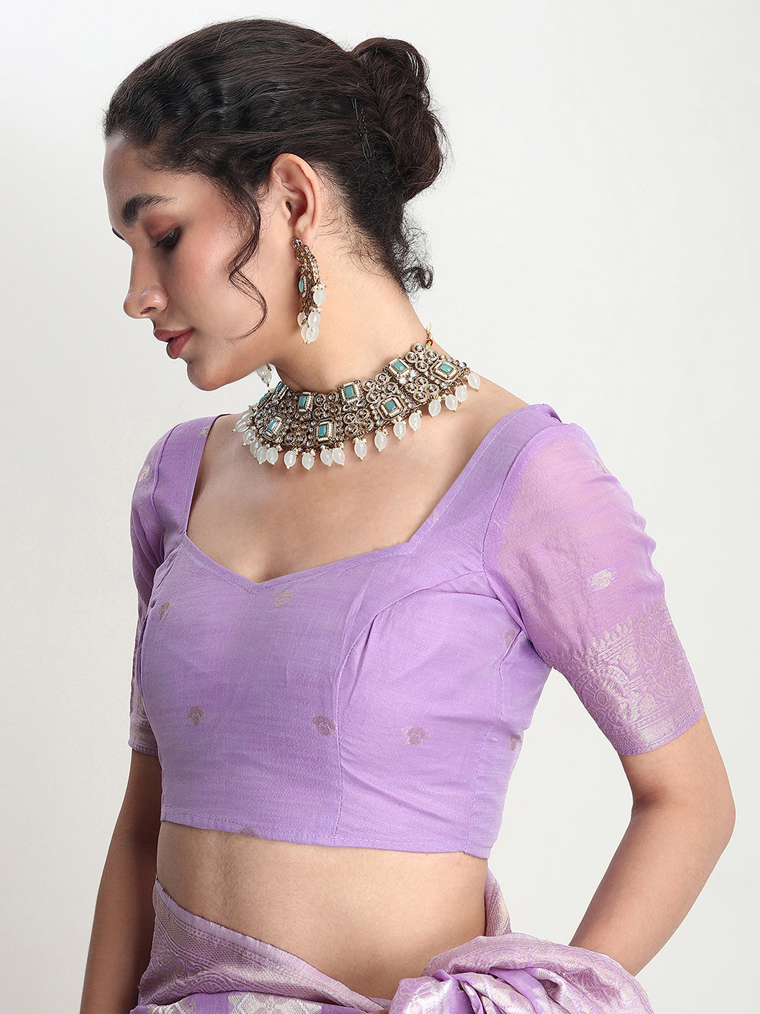 Janasya Lavender Silk Blend Geometric Jacquard Saree | Swadesiicart