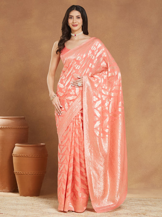 Janasya Peach Silk Blend Floral Jacquard Saree | Swadesiicart