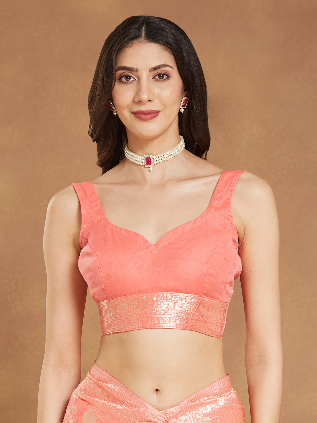 Janasya Peach Silk Blend Floral Jacquard Saree | Swadesiicart