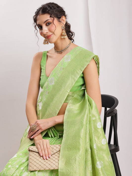 Janasya Green Silk Blend Geometric Jacquard Saree | Swadesiicart