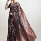 Janasya Dark Grey Silk Blend Floral Jacquard Saree | Swadesiicart