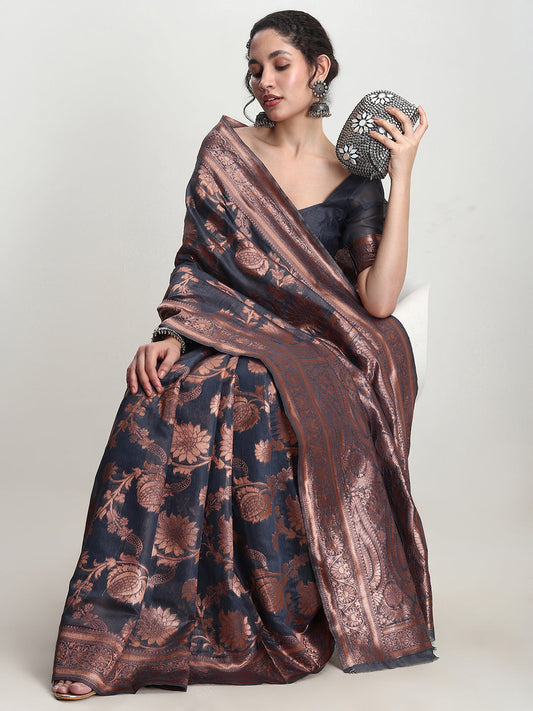 Janasya Dark Grey Silk Blend Floral Jacquard Saree | Swadesiicart