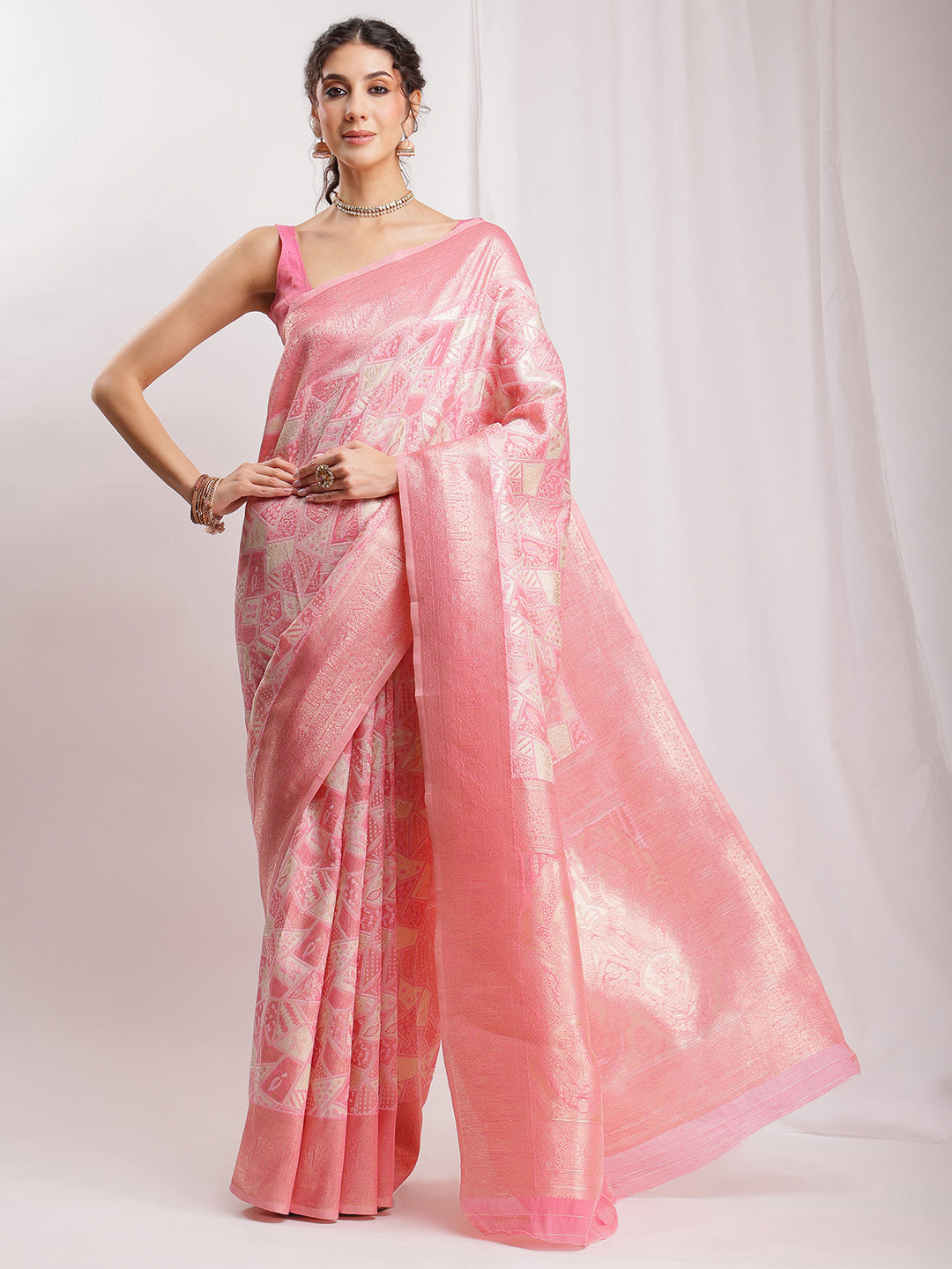 Janasya Peach Silk Blend Geometric Jacquard Saree | Swadesiicart
