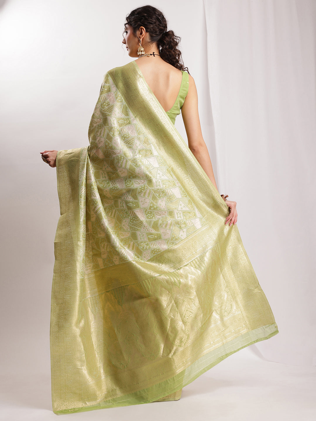 Janasya Green Silk Blend Geometric Jacquard Saree | Swadesiicart