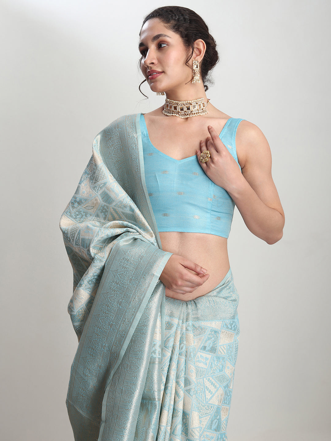 Janasya Sky Blue Silk Blend Geometric Jacquard Saree | Swadesiicart