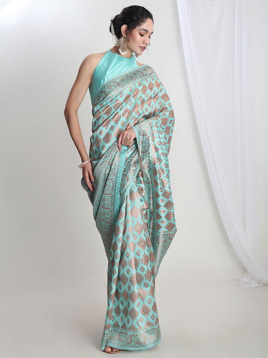 Janasya Light Blue Silk Blend Geometric Jacquard Saree | Swadesiicart