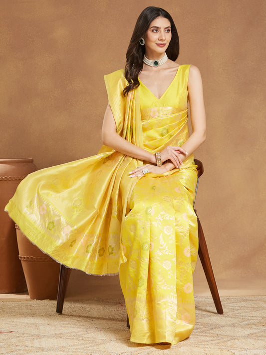 Janasya Yellow Silk Blend Floral Jacquard Saree | Swadesiicart