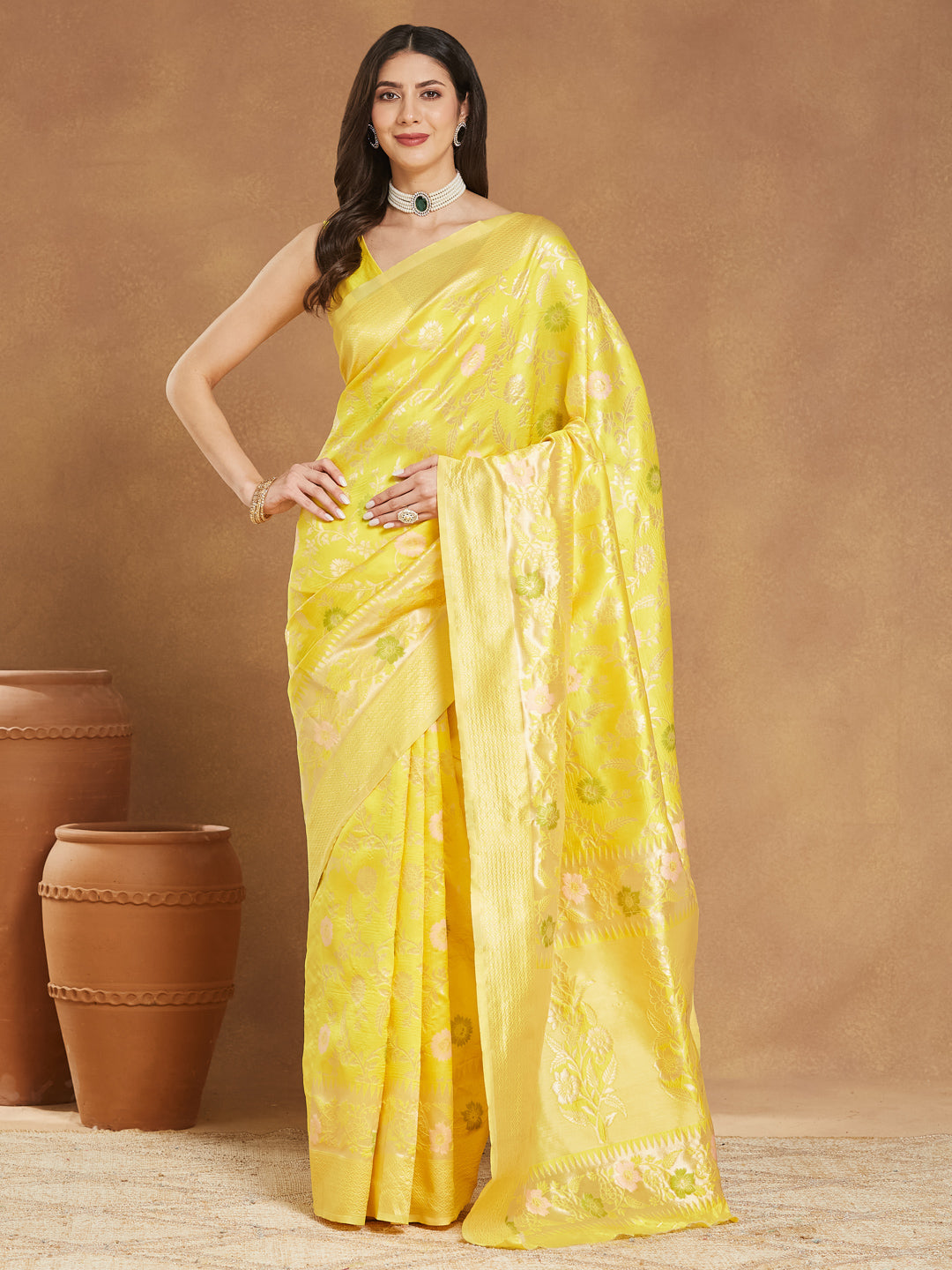 Janasya Yellow Silk Blend Floral Jacquard Saree | Swadesiicart