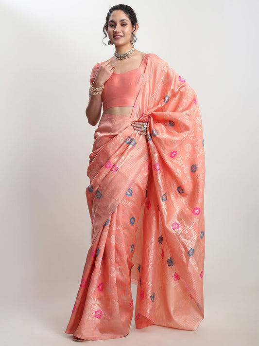 Janasya Peach Silk Blend Floral Jacquard Saree | Swadesiicart