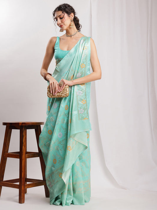 Janasya Sea Green Silk Blend Floral Jacquard Saree | Swadesiicart