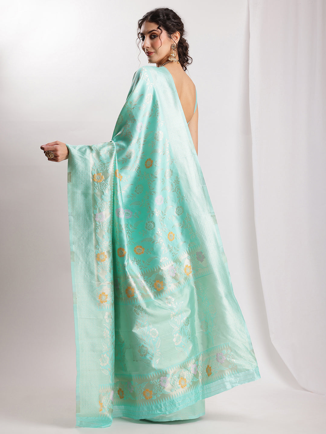 Janasya Sea Green Silk Blend Floral Jacquard Saree | Swadesiicart