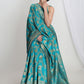 Janasya Teal Blue Silk Blend Floral Jacquard Saree | Swadesiicart