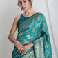 Janasya Teal Blue Silk Blend Floral Jacquard Saree | Swadesiicart