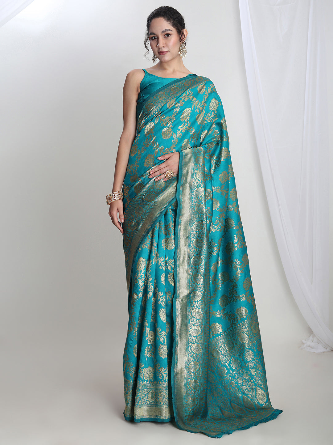 Janasya Teal Blue Silk Blend Floral Jacquard Saree | Swadesiicart