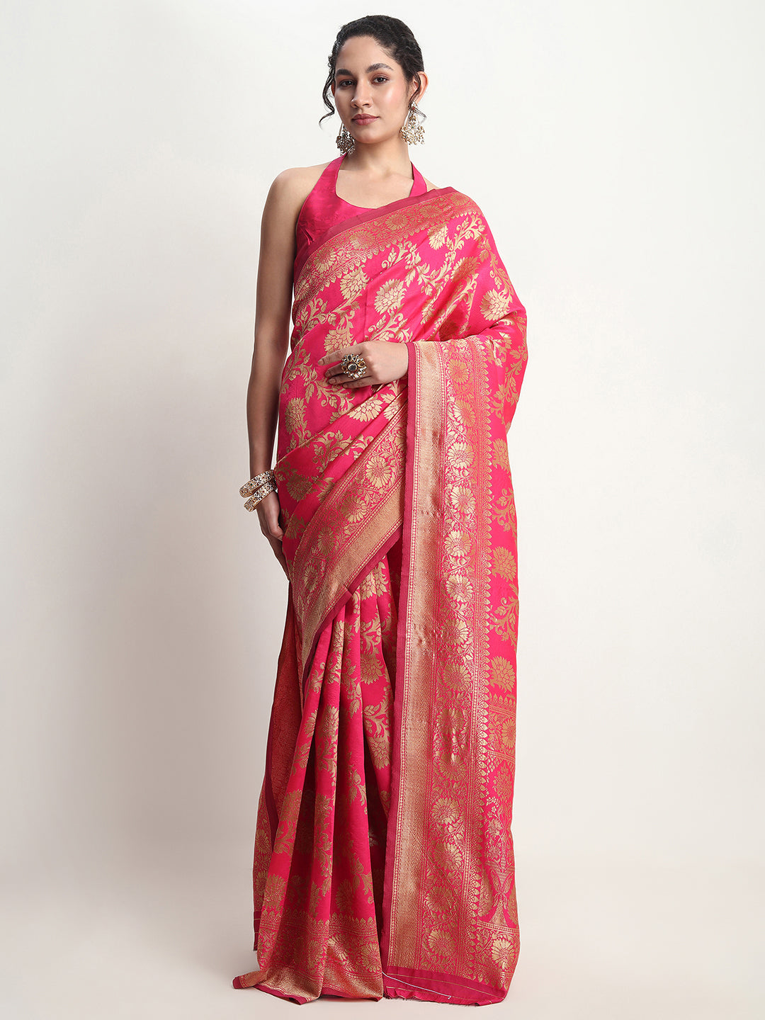 Janasya Pink Silk Blend Floral Jacquard Saree | Swadesiicart