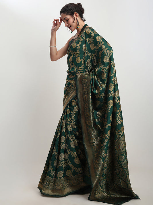 Janasya Dark Green Silk Blend Floral Jacquard Saree | Swadesiicart