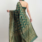 Janasya Dark Green Silk Blend Floral Jacquard Saree | Swadesiicart