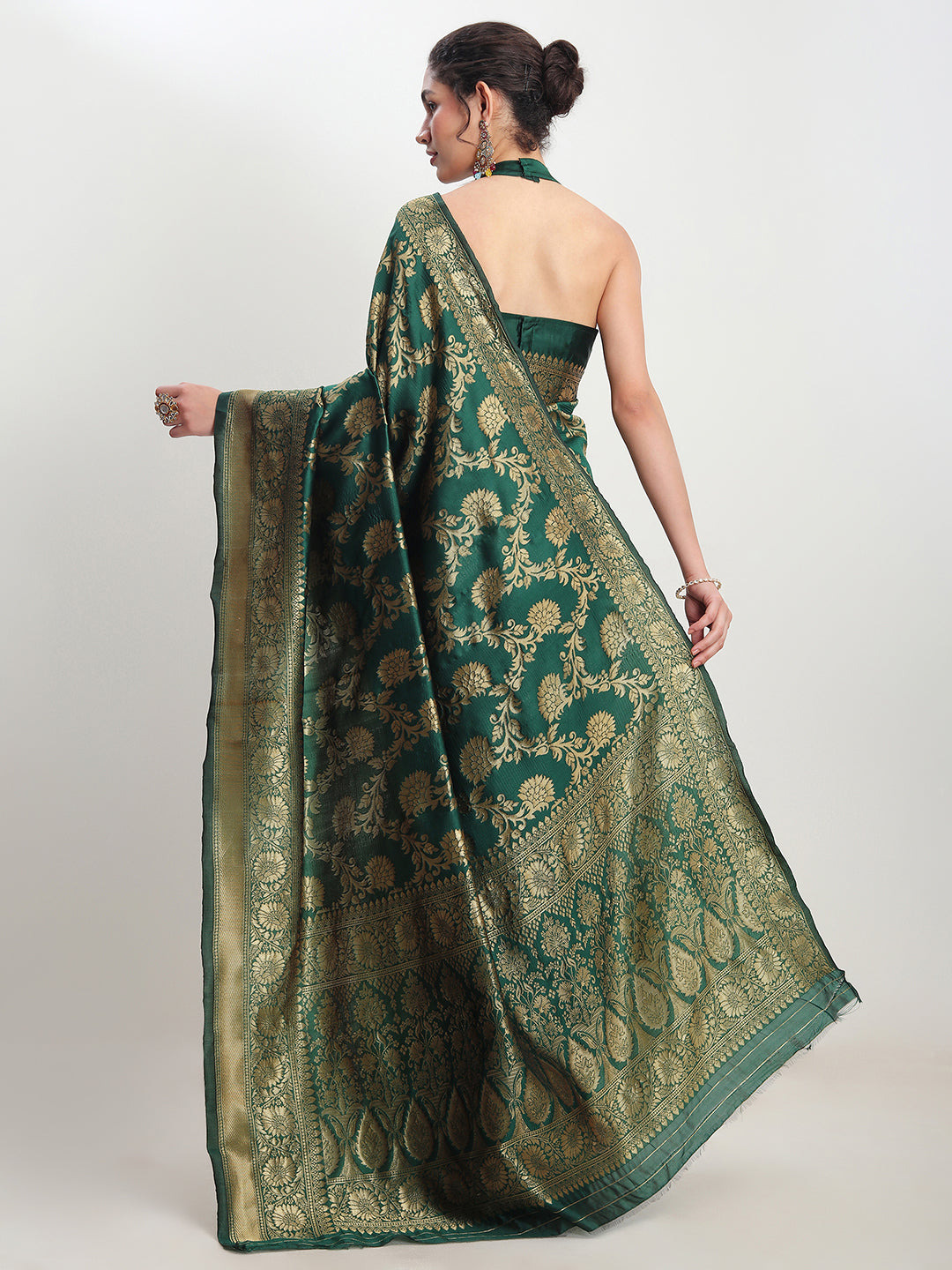 Janasya Dark Green Silk Blend Floral Jacquard Saree | Swadesiicart