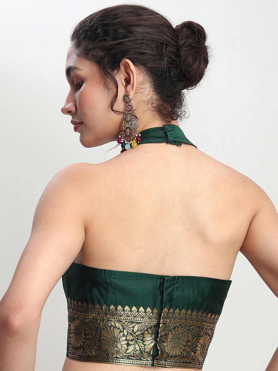 Janasya Dark Green Silk Blend Floral Jacquard Saree | Swadesiicart
