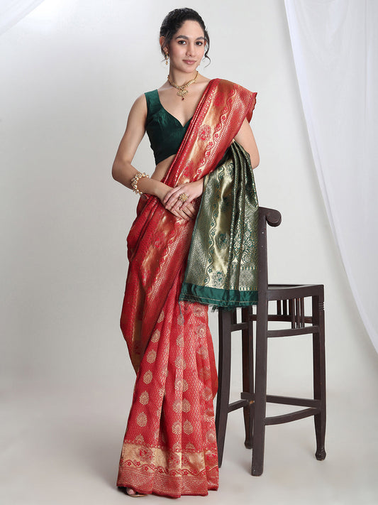 Janasya Red Silk Blend Ethnic Motifs Jacquard Saree | Swadesiicart