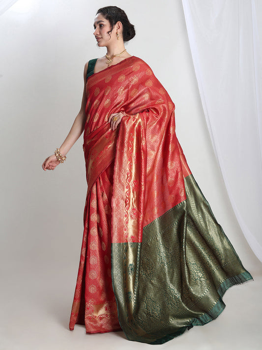 Janasya Red Silk Blend Ethnic Motifs Jacquard Saree | Swadesiicart