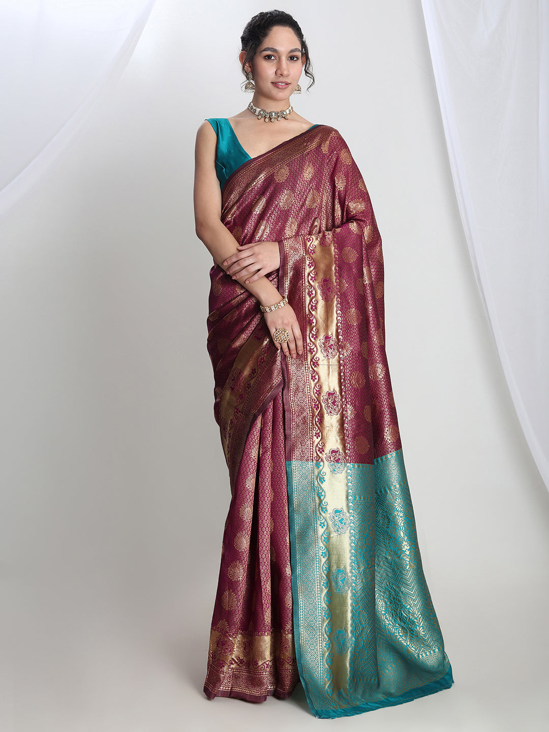 Janasya Purple Silk Blend Ethnic Motifs Jacquard Saree | Swadesiicart